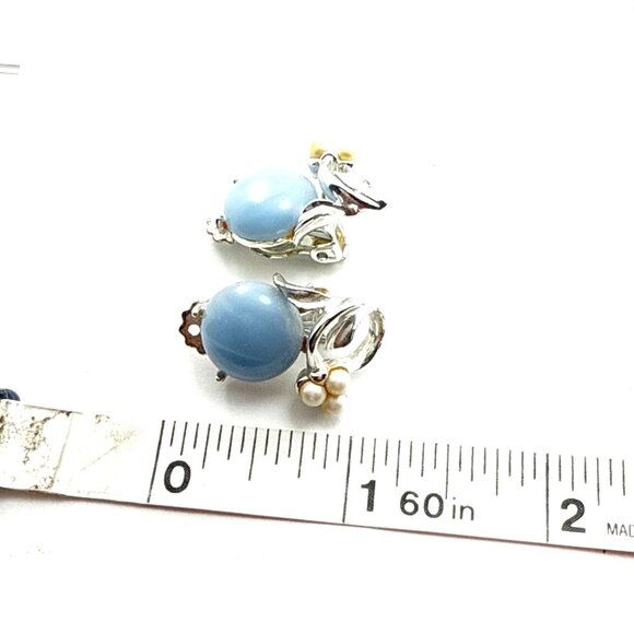 Vintage Blue Moonglow Bead & Faux Pearl Necklace Earrings Set Silver Tone Floral - Picture 6 of 10